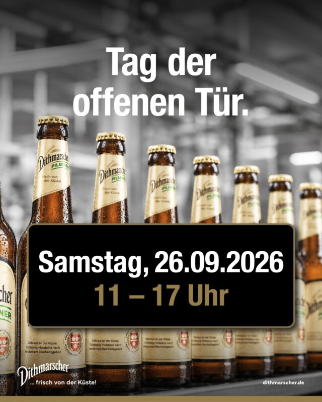 Entdeckt die neue Abfüllanlage der Dithmarscher Brauerei: Zum ersten Mal feiern wir unseren Tag der offenen Tür  an unserem neuen Standort in der Meldorfer Straße 38-42 in Marne. Kommt vorbei, erlebt die Abfüllung von Dithmarscher Urtyp live und genießt einen Tag mit frisch gezapften Bier, herzhaften Köstlichkeiten und buntem Programm! Gleich Samstag, den 26.09. vormerken – wir freuen uns auf euch!

#dithmarscher #dithmarscherbrauerei #frischvonderküste #dithmarscherbiershop #dithmarscherkohltage